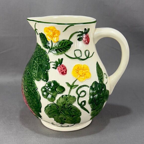 Vtg Ceramic Art Pottery 3778 Pitcher Majolica Strawberries Grapes West Germany - Picture 1 of 16